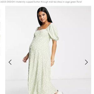 ASOS DESIGN Maternity cupped button through midi tea dress in sage green floral